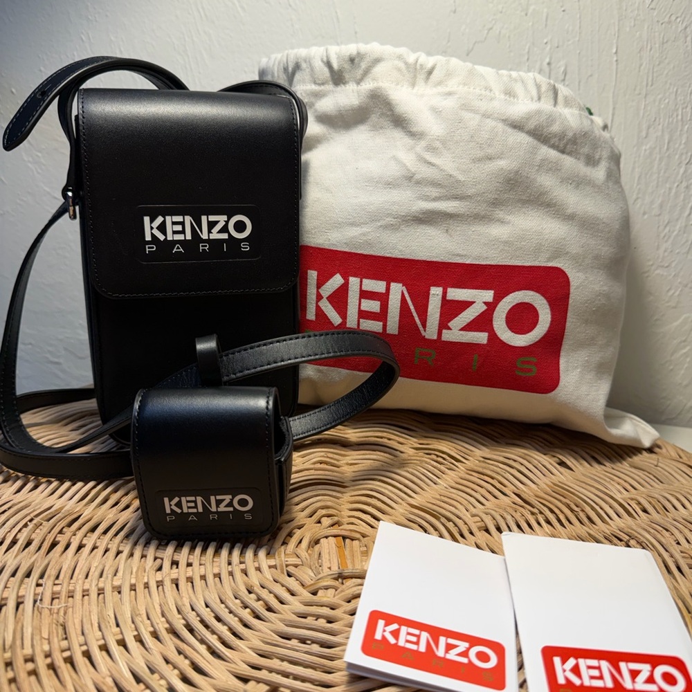 KENZO Paris Black Leather Crossbody Bag with Pouch
